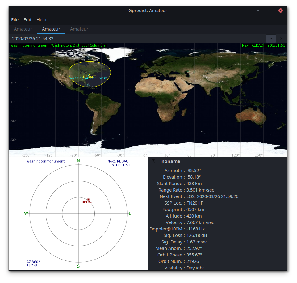 Gpredict showing the satellite pass at that time