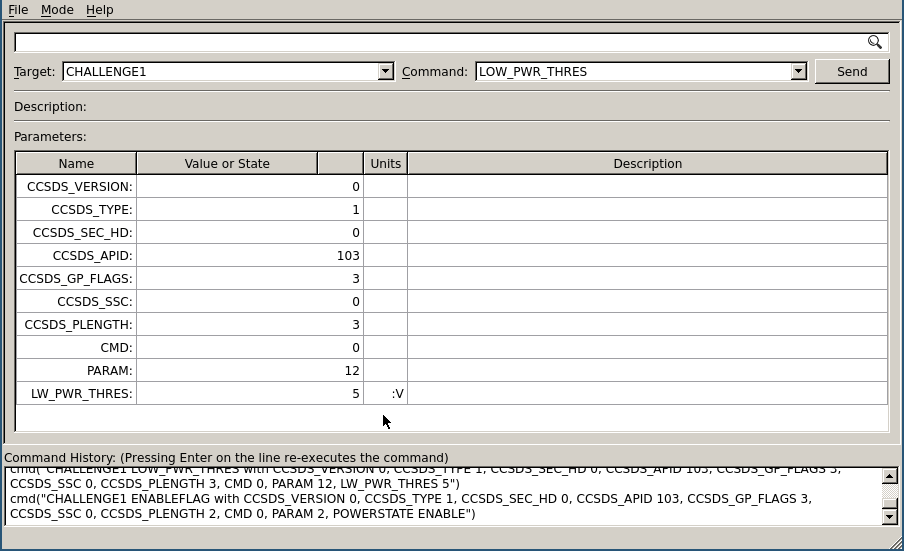 COSMOS displaying command sender for LOW_PWR_THRESH