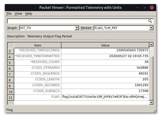 COSMOS packet viewer showing the flag