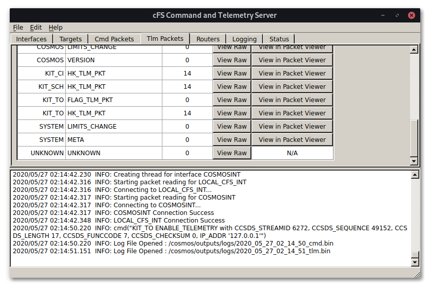 COSMOS telemetry viewer, we have 0 flag packets