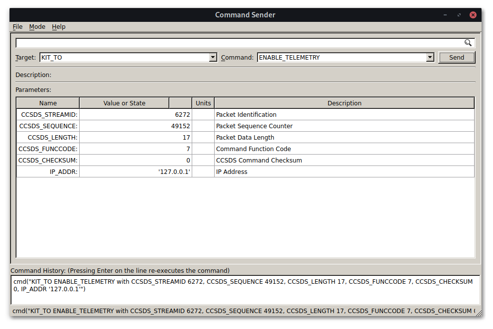 COSMOS sending an ENABLE_TELEMETRY command