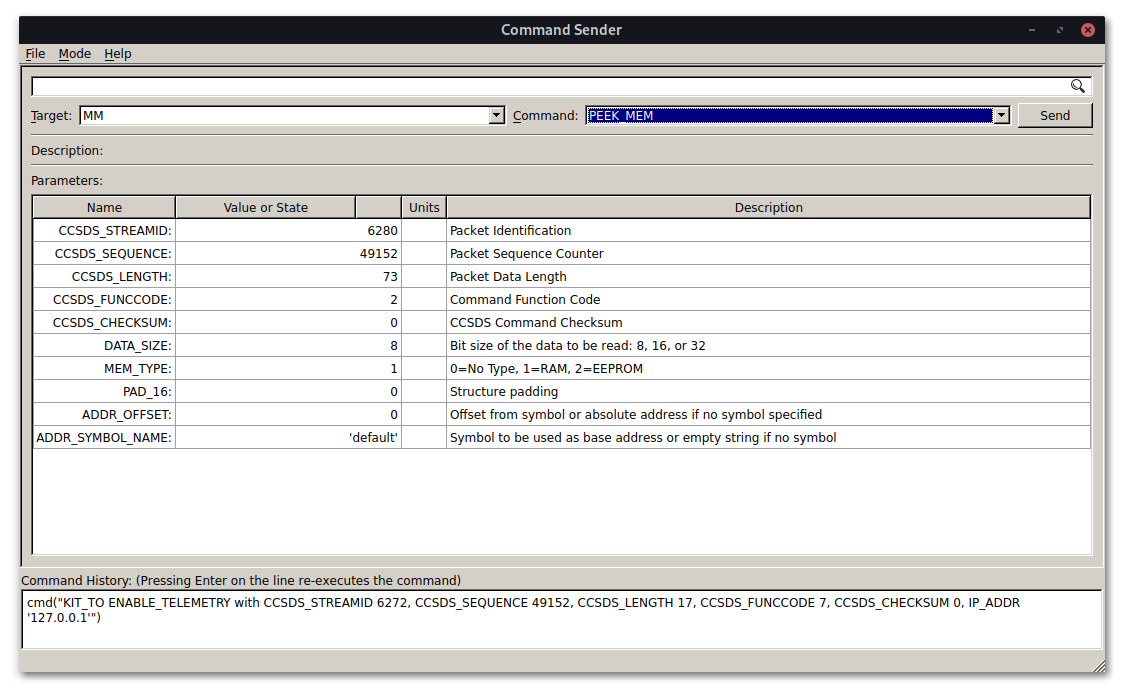 COSMOS command sender with MM PEEK_MEM command