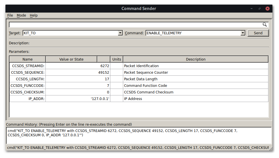 COSMOS command sender for ENABLE_TELEMETRY