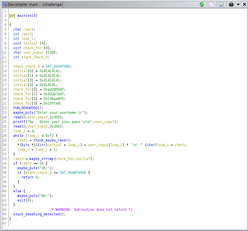 ghidra decompilation of the main function showing the mentioned challenges