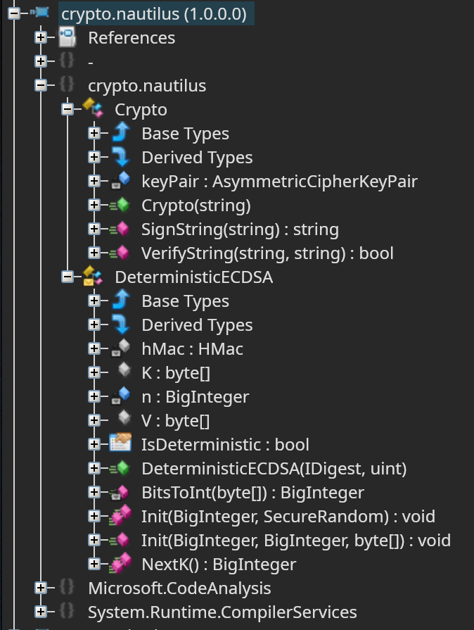 all the classes of importance defined in crypto.nautilus.dll: Crypto andDeterministicECDSA